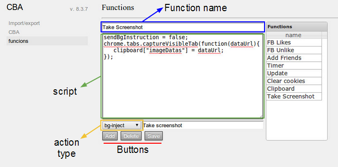 CBA functions tab in options page